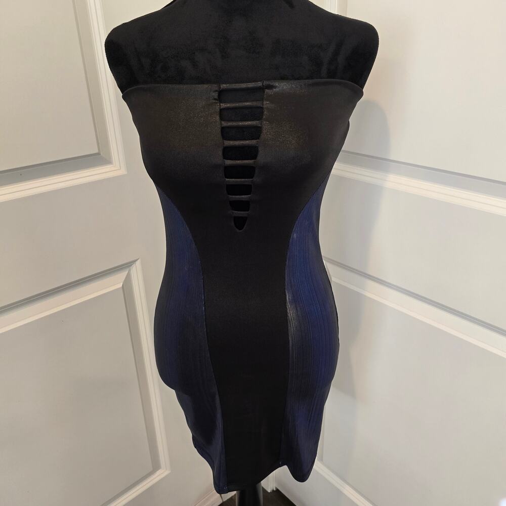 Women's Lette Black & Blue Metallic Strapless Stretch Bodycon Mini Dress M
